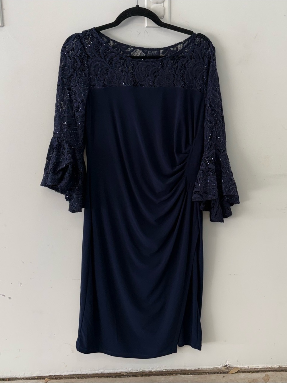 Adrianna Papell Navy Lace Sequin Midi Dress Wedding Guest Formal Evening Size 10